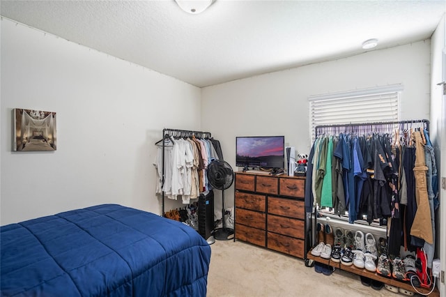 bedroom with a textured ceiling and carpet flooring