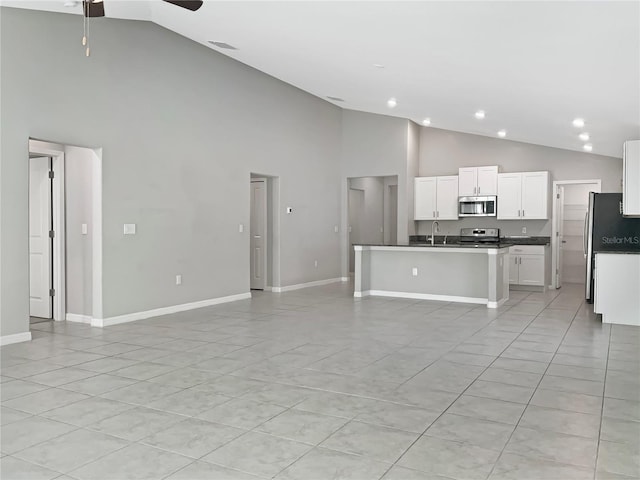 kitchen featuring white cabinetry, ceiling fan, appliances with stainless steel finishes, and a kitchen island with sink