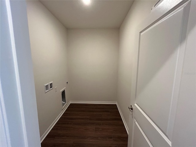 laundry room featuring baseboards, dark wood-style floors, electric dryer hookup, laundry area, and washer hookup