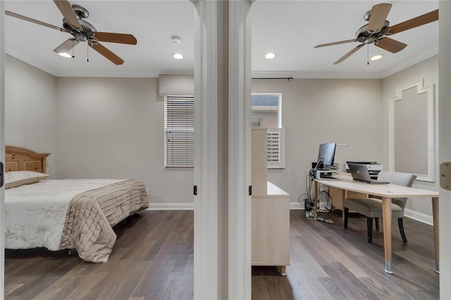 bedroom featuring crown molding, ceiling fan, and dark hardwood / wood-style flooring