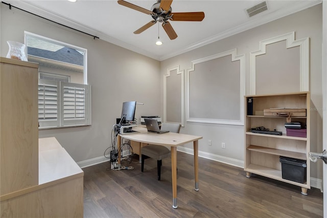 office featuring dark wood-type flooring, ceiling fan, and ornamental molding