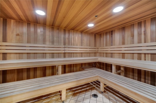 view of sauna with tile patterned floors