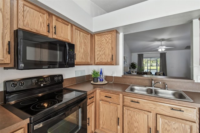 1821 Christina Lee Ln, Saint Cloud, FL 34769 - kitchen featuring sink, vaulted ceiling, black appliances, and ceiling fan