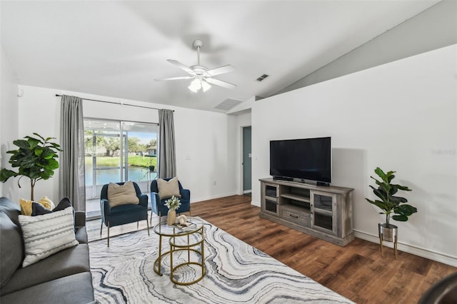 1821 Christina Lee Ln, Saint Cloud, FL 34769 - living room featuring ceiling fan, lofted ceiling, and dark hardwood / wood-style flooring