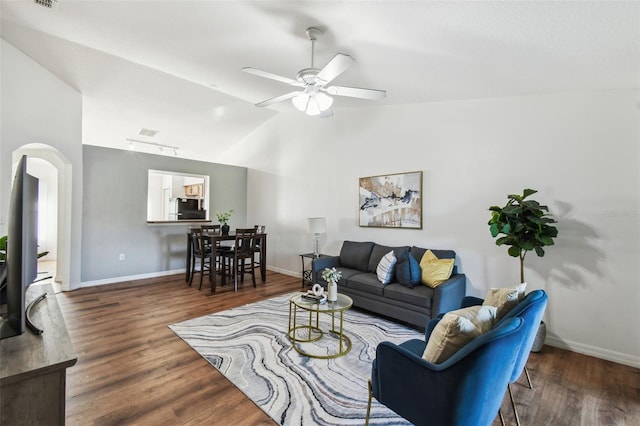 1821 Christina Lee Ln, Saint Cloud, FL 34769 - living room with lofted ceiling, ceiling fan, and dark hardwood / wood-style floors