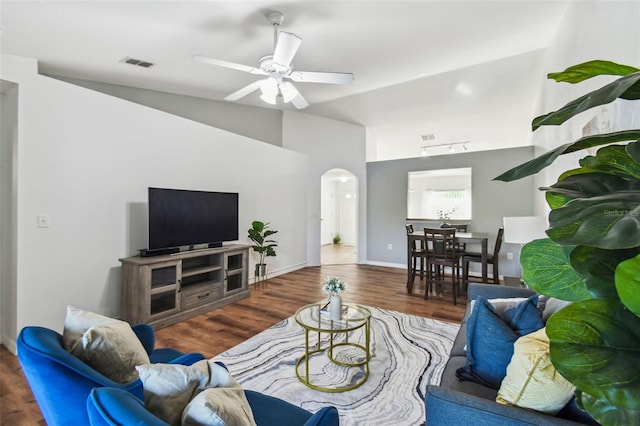 1821 Christina Lee Ln, Saint Cloud, FL 34769 - living room featuring ceiling fan, dark hardwood / wood-style floors, and lofted ceiling