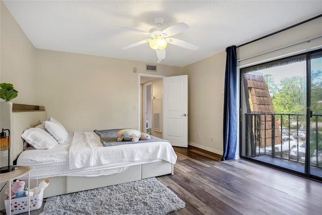 bedroom with hardwood / wood-style flooring, ceiling fan, and access to exterior