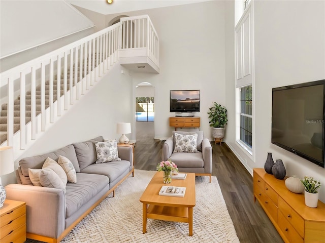 living room featuring a high ceiling and dark hardwood / wood-style flooring