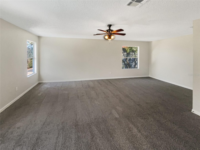 carpeted spare room featuring ceiling fan, a healthy amount of sunlight, and a textured ceiling