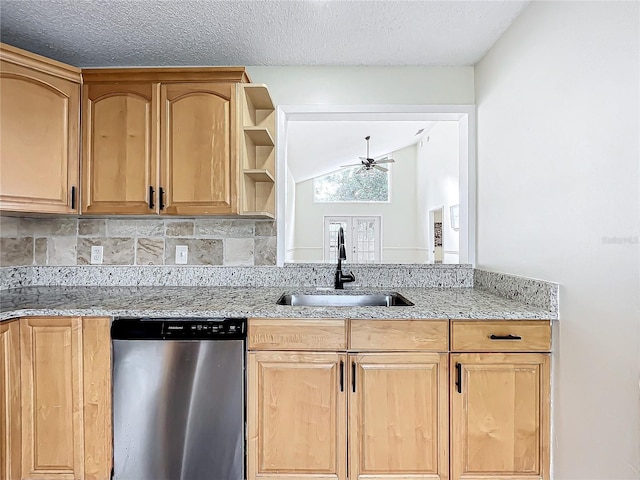 1970 Larkwood Dr, Apopka, FL 32703 - kitchen featuring stainless steel dishwasher, light brown cabinets, a sink, and a ceiling fan