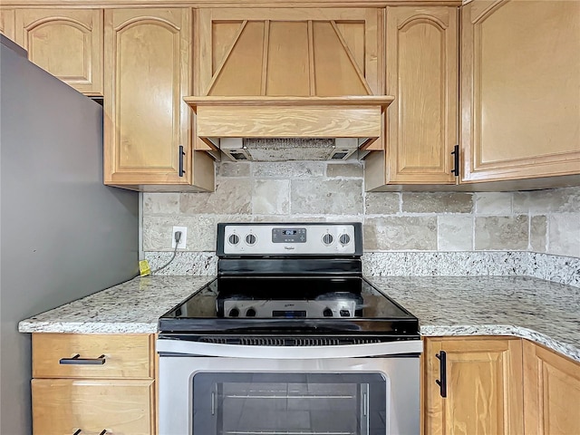 1970 Larkwood Dr, Apopka, FL 32703 - kitchen with custom range hood, light brown cabinets, light stone counters, stainless steel electric range, and backsplash