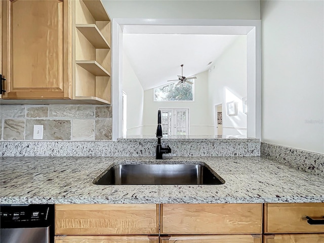 1970 Larkwood Dr, Apopka, FL 32703 - kitchen with tasteful backsplash, dishwasher, a sink, and light stone counters