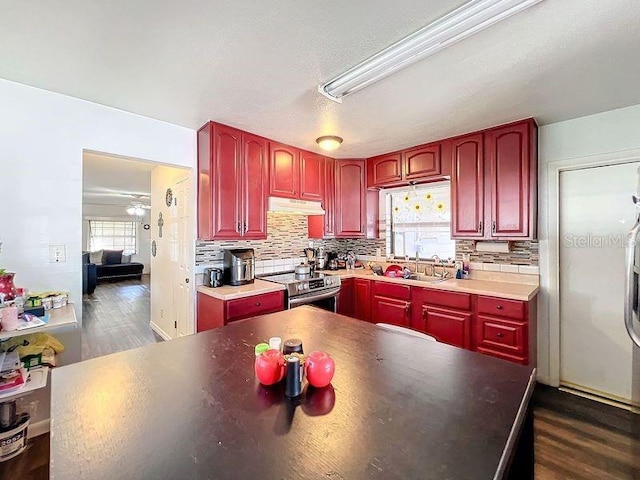 kitchen with dark hardwood / wood-style flooring, sink, electric stove, and decorative backsplash