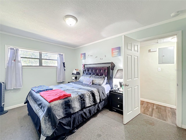 bedroom with electric panel, crown molding, and a textured ceiling