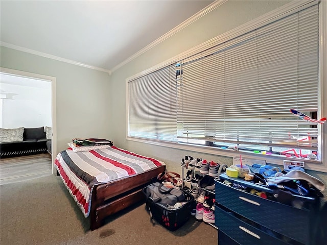 carpeted bedroom with ornamental molding