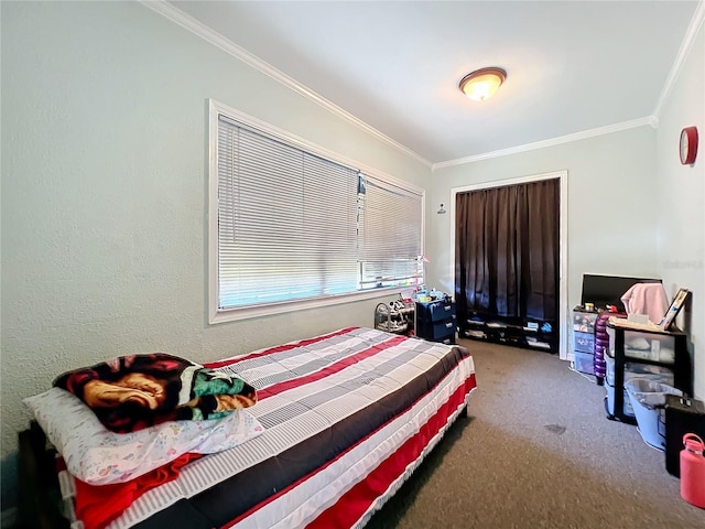 carpeted bedroom with crown molding