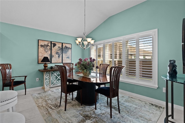 tiled dining room with lofted ceiling and a notable chandelier