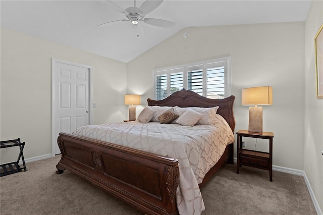 carpeted bedroom featuring lofted ceiling and ceiling fan