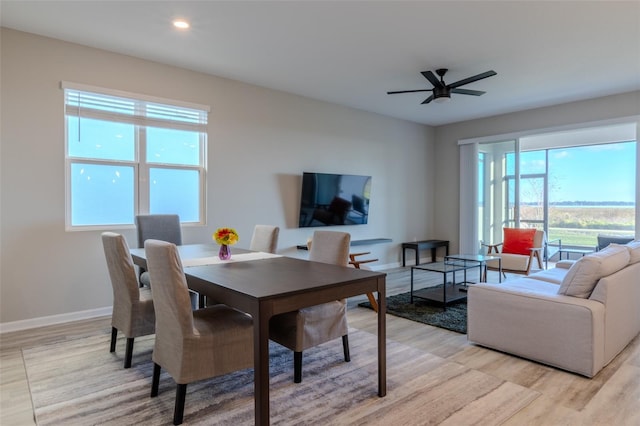 dining space featuring ceiling fan and light hardwood / wood-style flooring