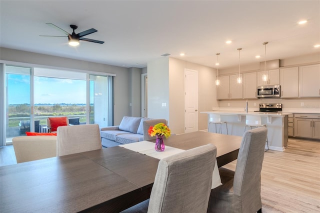 dining space with ceiling fan and light hardwood / wood-style flooring