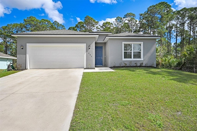 ranch-style house with a garage and a front yard