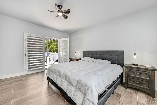 bedroom featuring ceiling fan and access to exterior