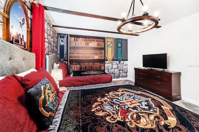 carpeted living room featuring a notable chandelier