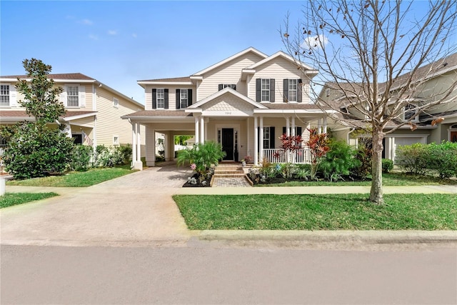 view of front of property with a porch and a front yard