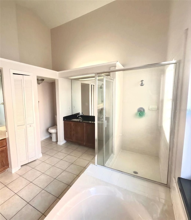 bathroom featuring vanity, toilet, tile patterned floors, and a shower with shower door