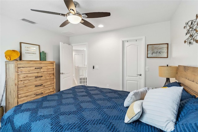 bedroom with recessed lighting, visible vents, and a ceiling fan