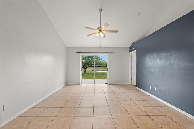 unfurnished room with light tile patterned floors, baseboards, high vaulted ceiling, and ceiling fan