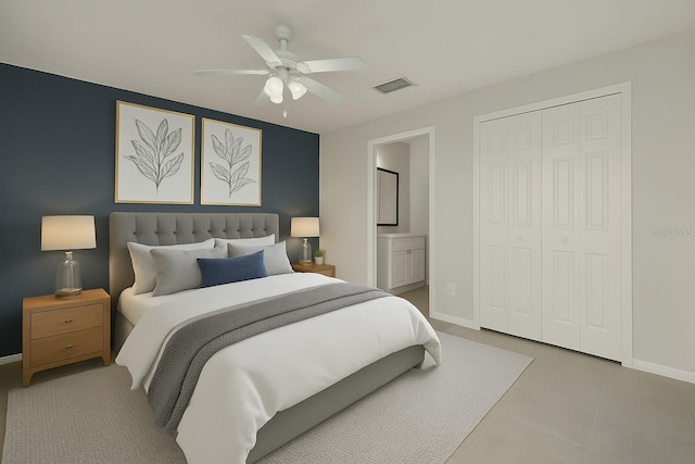 bedroom with visible vents, ensuite bath, a closet, baseboards, and ceiling fan