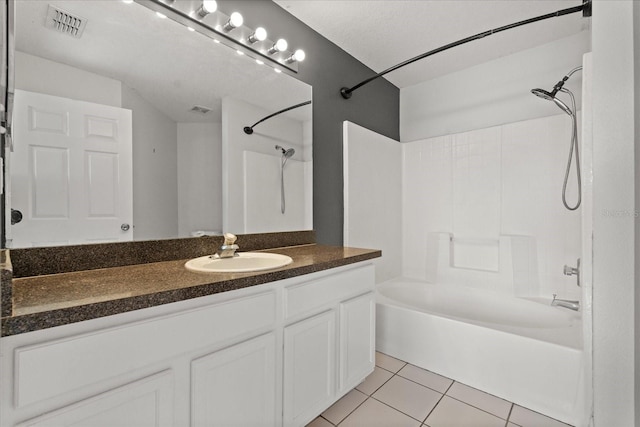 full bath with visible vents, tile patterned flooring, vanity, and  shower combination