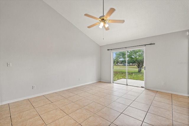3304 Kelsey Ln, Saint Cloud, FL 34772 - spare room featuring a ceiling fan, high vaulted ceiling, light tile patterned floors, and baseboards