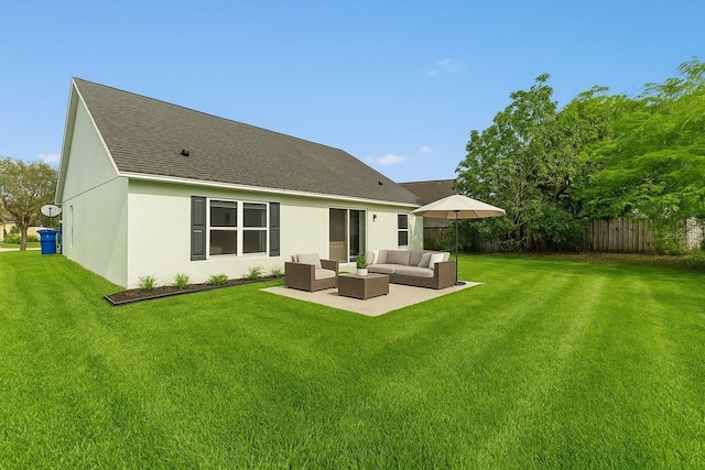 3304 Kelsey Ln, Saint Cloud, FL 34772 - rear view of house with an outdoor hangout area, a patio, a shingled roof, and stucco siding