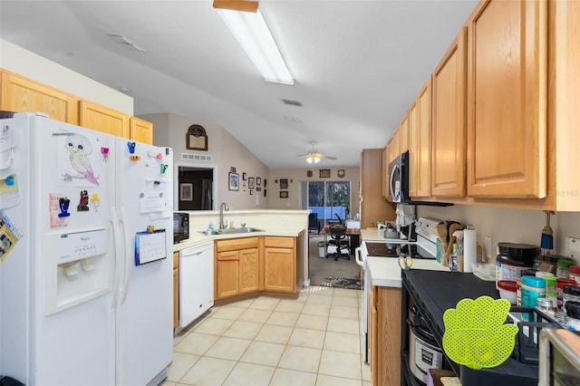 kitchen with sink, ceiling fan, kitchen peninsula, light brown cabinets, and white appliances