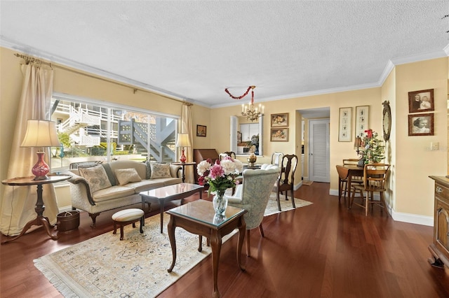 living room with an inviting chandelier, crown molding, dark wood-type flooring, and a textured ceiling