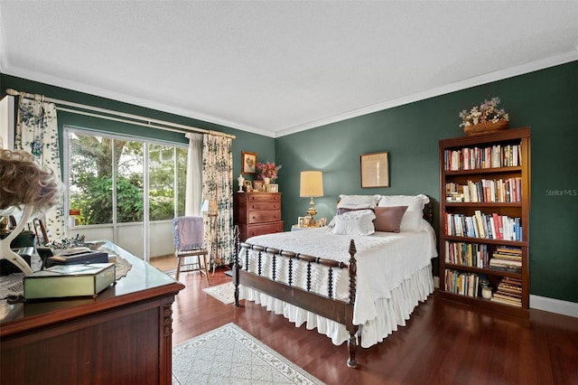 bedroom with wood-type flooring and ornamental molding