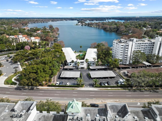 aerial view featuring a water view