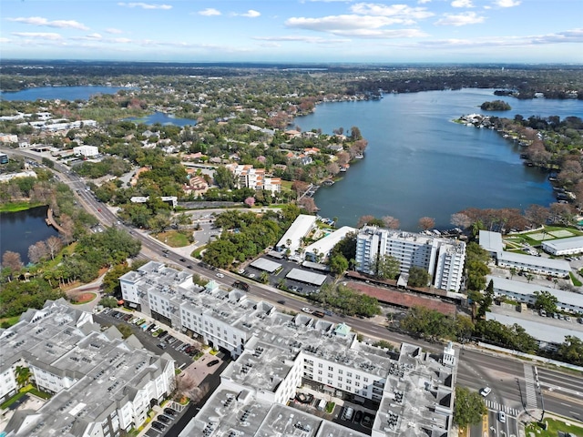 drone / aerial view featuring a water view