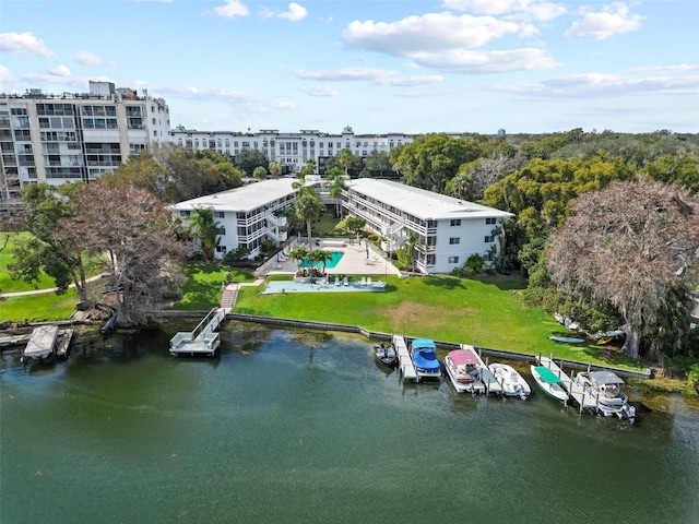 bird's eye view with a water view