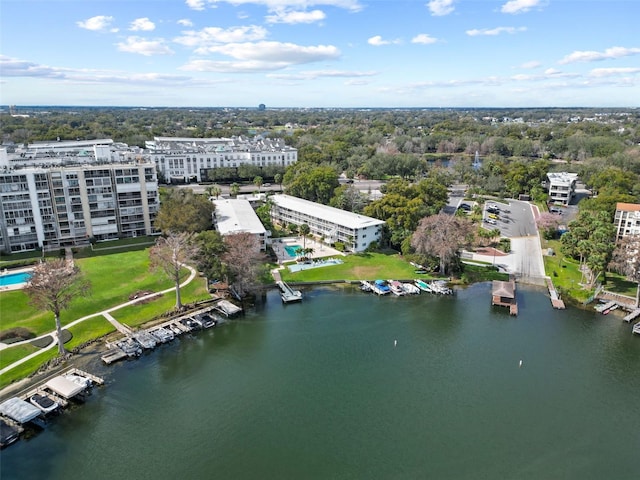 bird's eye view with a water view