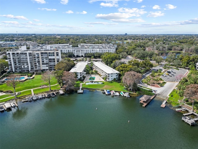 bird's eye view with a water view