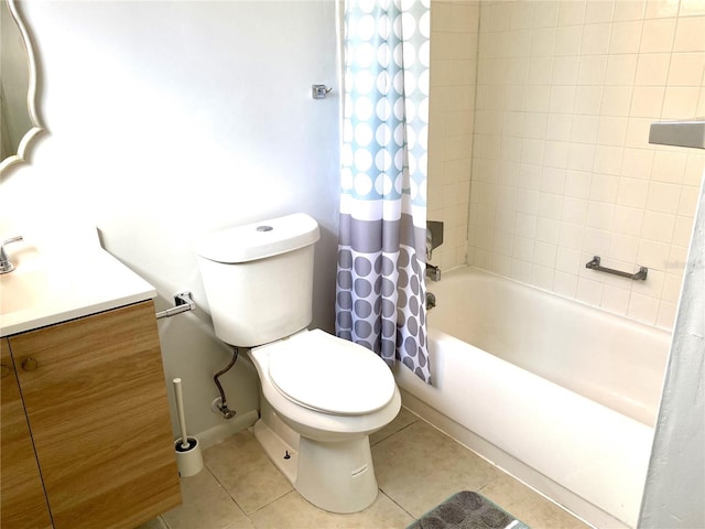 full bathroom with vanity, shower / bathtub combination with curtain, tile patterned floors, and toilet