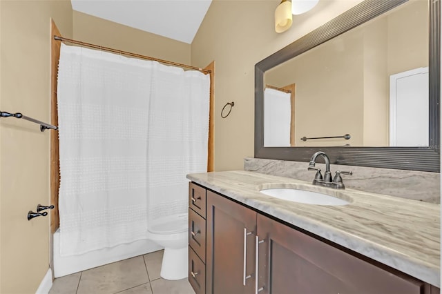 full bathroom featuring vanity, tile patterned floors, toilet, and shower / bathtub combination with curtain