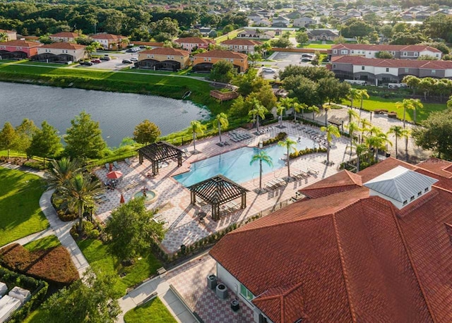 drone / aerial view with a water view