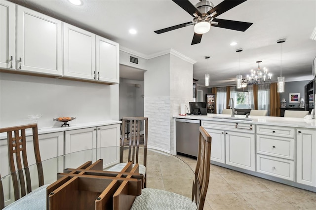 kitchen featuring sink, white cabinetry, hanging light fixtures, ornamental molding, and stainless steel dishwasher