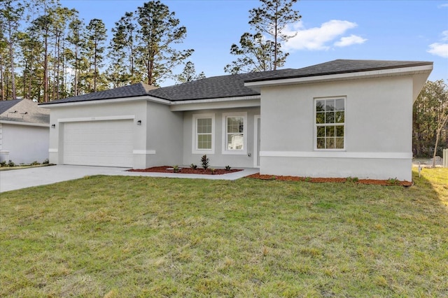 single story home with driveway, a front lawn, an attached garage, and stucco siding