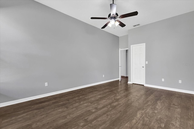 unfurnished bedroom featuring dark hardwood / wood-style floors and ceiling fan