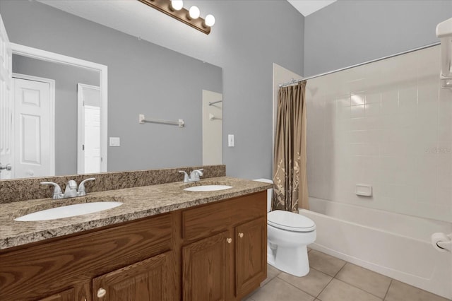 full bathroom with vanity, shower / bathtub combination with curtain, tile patterned floors, and toilet